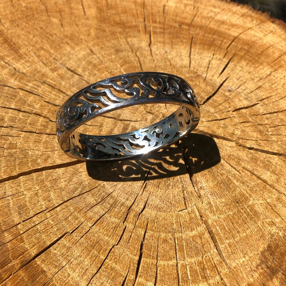 Brighton Silver Filigree Scroll Hinged Bangle Bracelet